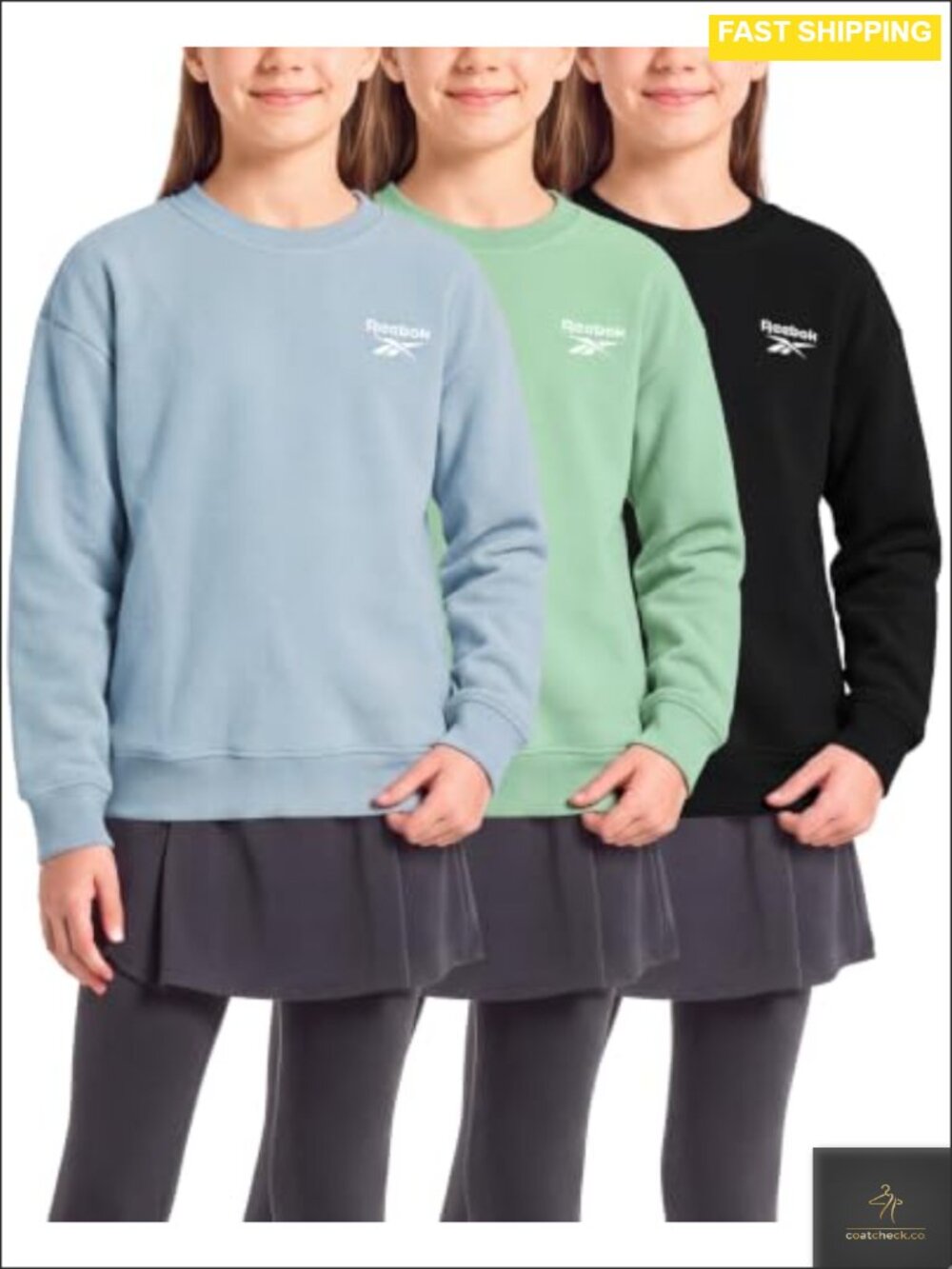Girls Fleece Crewneck Sweatshirt 3 Pack Pullover Ribbed Cuffs Kids Teens